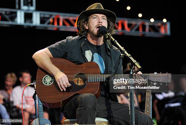 Eddie Vedder performs during Neil Young's 25th Annual Bridge Benefit at Shoreline Amphitheatre on October 23, 2011 in Mountain View, California.