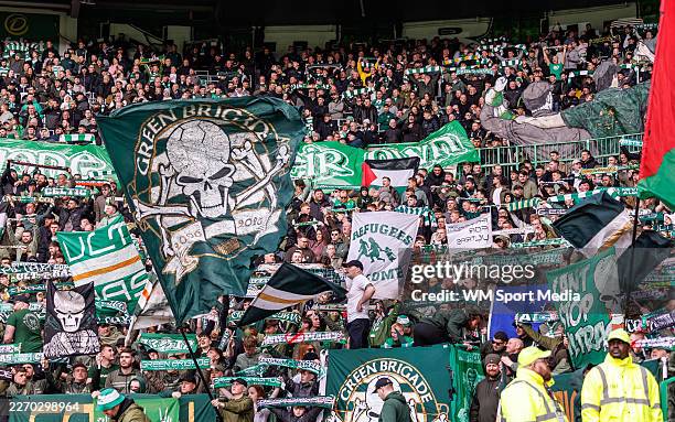 Green Brigade back at Celtic Park after ban during the William Hill Premiership between Celtic and St. Mirren at Celtic Park on April 11, 2026 in...