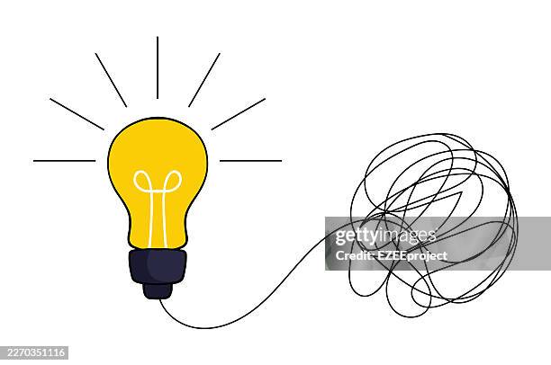 creative thinking concept with light bulb and tangled wire. complex problem solving and idea generation illustration. untangling a mess to find a brilliant solution concept - tangled lights stock illustrations