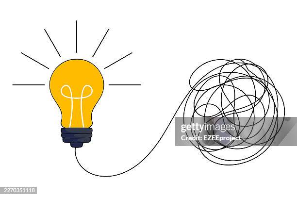 creative thinking concept with light bulb and tangled wire. complex problem solving and idea generation illustration. untangling a mess to find a brilliant solution concept - tangled lights stock illustrations