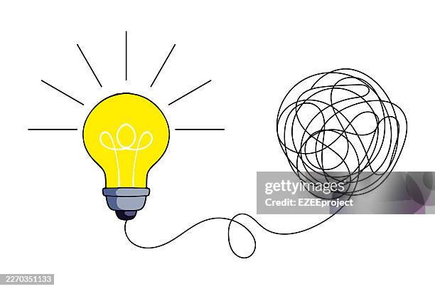 creative thinking concept with light bulb and tangled wire. complex problem solving and idea generation illustration. untangling a mess to find a brilliant solution concept - tangled lights stock illustrations