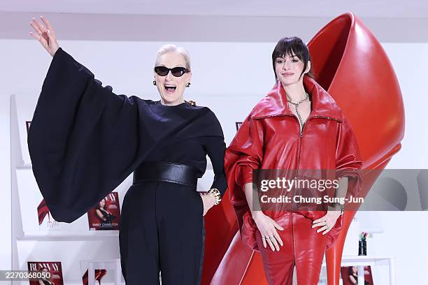 Anne Hathaway and Meryl Streep attend 'The Devil Wears Prada 2' - Seoul Premiere at the Times Square on April 08, 2026 in Seoul, South Korea.