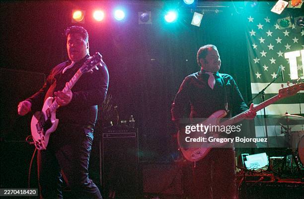 Swedish musicians Vigilante Carlstroem and Dr. Matt Destruction performing with Swedish garage rock band The Hives in May, 2002 in Los Angeles,...