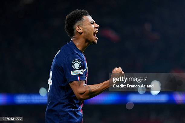 Desire Doue of Paris Saint-Germain celebrates scoring his team's first goal during the UEFA Champions League 2025/26 Quarter-Final First Leg match...