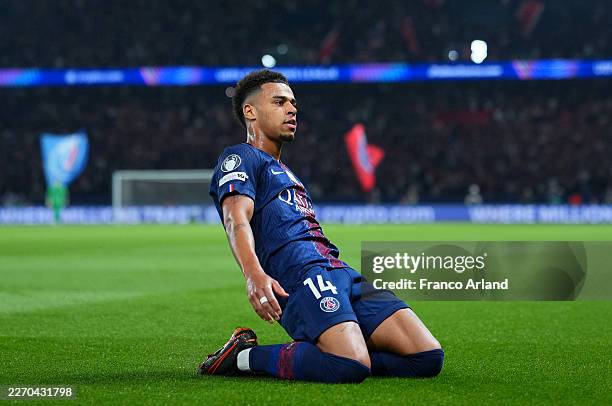 Desire Doue of Paris Saint-Germain celebrates scoring his team's first goal during the UEFA Champions League 2025/26 Quarter-Final First Leg match...