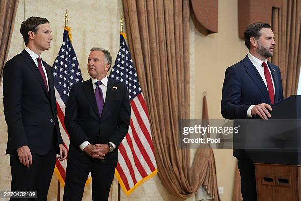 Vice President JD Vance speaks as Jared Kushner and Steve Witkoff, Special Envoy for Peace Missions, react during a news conference after a meeting...