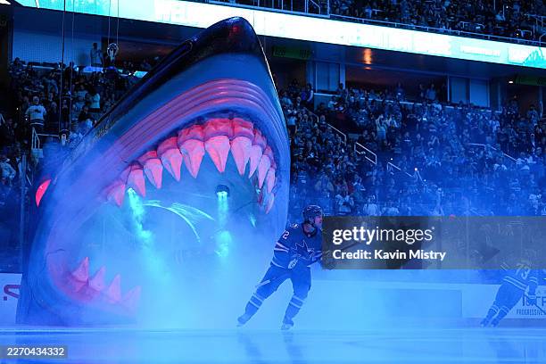 William Eklund of the San Jose Sharks takes the ice through the Shark Head before the game against the Vancouver Canucks at SAP Center on April 11,...