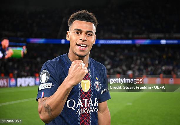 Desire Doue of Paris Saint-Germain celebrates after the team's victory in the UEFA Champions League 2025/26 Quarter-Final First Leg match between...
