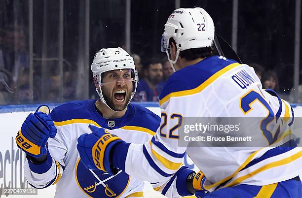 Jason Zucker of the Buffalo Sabres celebrates his third period goal against the New York Rangers at Madison Square Garden on April 08, 2026 in New...