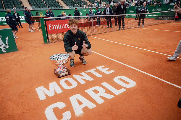 Jannik Sinner poses with the trophy after winning the finale of the Rolex Monte-Carlo 2026 - Masters 1000, on April 12, 2026 in Monte-Carlo, Monaco.