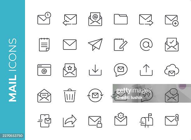 mail icon set. editable stroke weight. pixel perfect icons. - direct mail vector stock illustrations