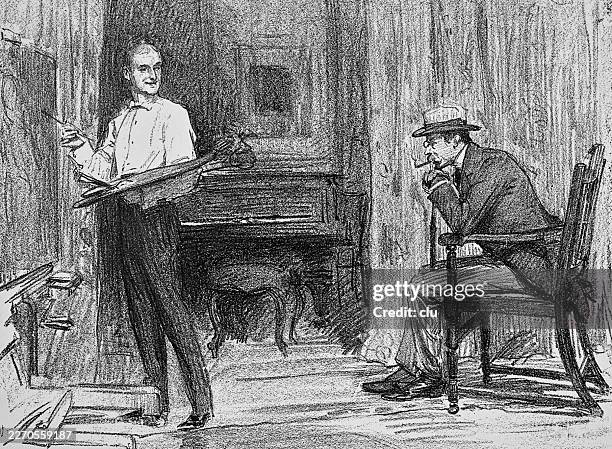 an artist presents his drawing while a seated man studies it in silence — approval is uncertain, and judgment hangs in the room - canvas bag stock illustrations