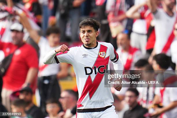 Ilias Akhomach of Rayo Vallecano celebrates scoring his team's first goal during the UEFA Conference League 2025/26 Quarter-Final Leg One match...