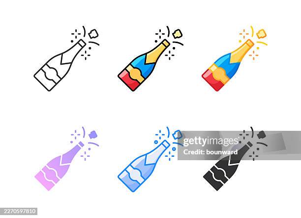 champagner-ikone. 6 verschiedene stile. bearbeitbarer strich. - sektkorken stock-grafiken, -clipart, -cartoons und -symbole