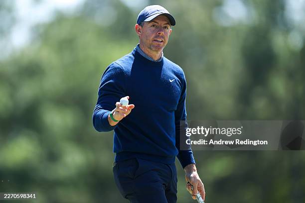 Rory McIlroy of Northern Ireland reacts on the eighth green during the first round of the 2026 Masters Tournament at Augusta National Golf Club on...