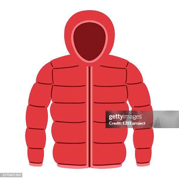 puffer jacket with hood vector illustration. warm winter down jacket. quilted padded jacket icon for cold weather. casual winter outerwear flat vector design - waterproofing stock illustrations