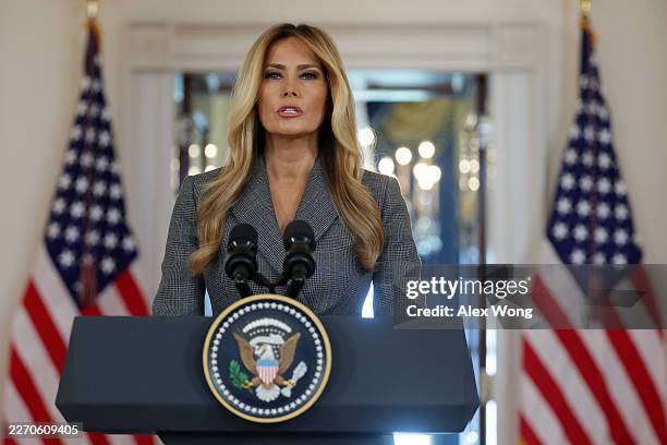 First lady Melania Trump delivers a statement in the Grand Foyer of the White House on April 9, 2026 in Washington, DC. The first lady made a public...