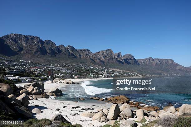 General view of Camps Bay Beach on April 09, 2026 in Cape Town, South Africa.