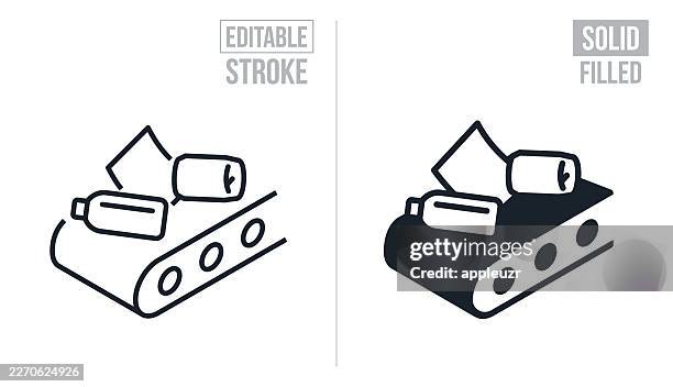 recyclables on a conveyor belt - editable stroke and solid icons - garbage chute stock illustrations