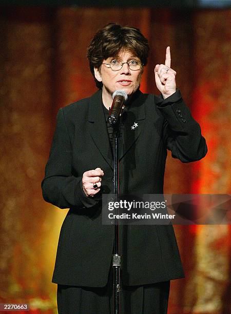 Executive Director Joan Garry speaks to the audience at the "14th Annual GLAAD Media Awards" at the Kodak Theatre on April 26, 2003 in Los Angeles,...