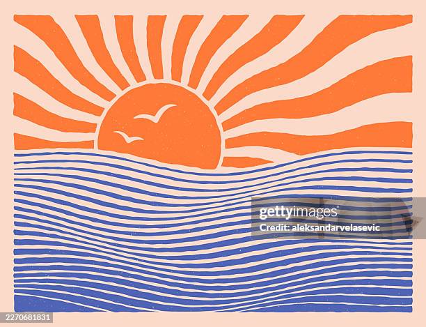 retro hand drawn sunset over ocean with wavy lines and seagulls - coastline stock illustrations