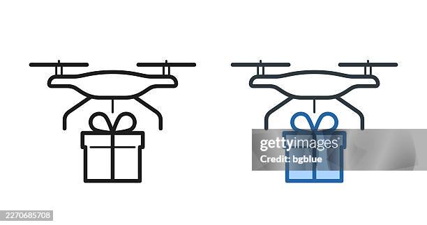 delivery drone with gift. icons for design - editable stroke icon - drone parcel stock illustrations