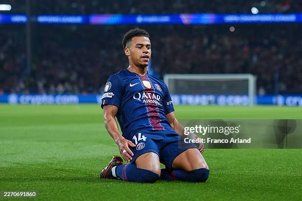 Desire Doue of PSG celebrates after scoring his team's first goal during the UEFA Champions League 2025/26 Quarter-Final First Leg match between...