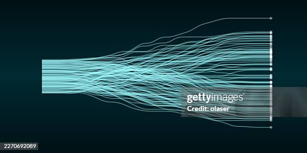 thin turquoise lines flow horizontally across a dark background, forming a layered wave-like pattern that spreads and curves toward the right side. - light trail black background stock illustrations