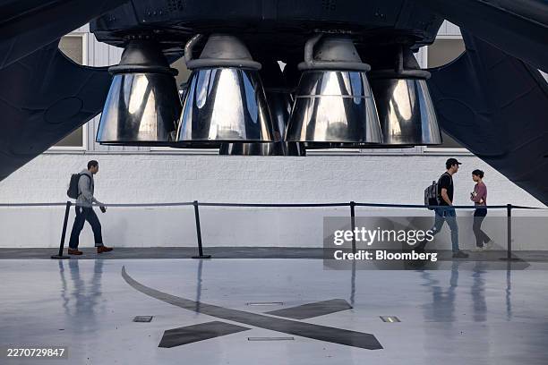 SpaceX Falcon 9 reusable rocket booster on display outside the company's facilities in Hawthorne, California, US, on Monday, April 13, 2026. SpaceX...
