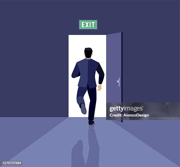 moving forward: businessman stepping into a brighter future - step back stock illustrations