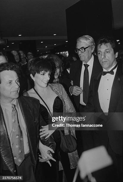 View of, from left, American actor Joe Pesci, actor, singer, & dancer Liza Minneli, and actors Gregory Peck & Chuck Zito at Radio City Music Hall,...