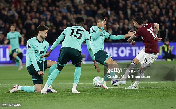 Taty Castellanos of West Ham United scores his team's third goal during the Premier League match between West Ham United and Wolverhampton Wanderers...