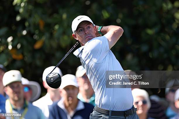 Rory McIlroy of Northern Ireland plays his shot from the eighth tee during the second round of the 2026 Masters Tournament at Augusta National Golf...
