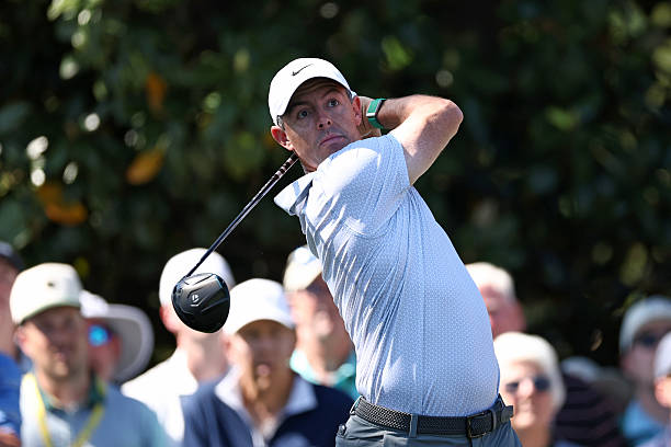 Rory McIlroy of Northern Ireland plays his shot from the eighth tee during the second round of the 2026 Masters Tournament at Augusta National Golf...