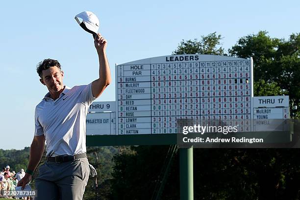 Rory McIlroy of Northern Ireland walks off the 18th green during the second round of the 2026 Masters Tournament at Augusta National Golf Club on...
