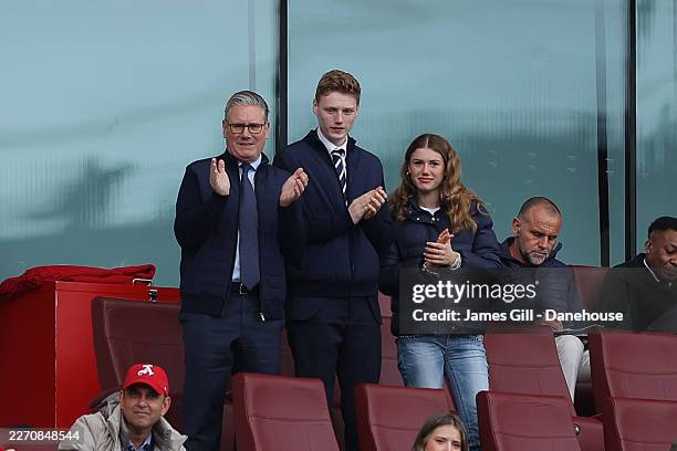 Prime Minister Sir Keir Starmer, Labour MP for Holborn and St Pancras, celebrates Arsenal's first goal during the Premier League match between...