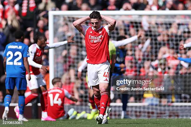Declan Rice of Arsenal reacts during the Premier League match between Arsenal and Bournemouth at Emirates Stadium on April 11, 2026 in London,...