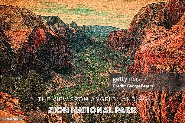 humorous retro style postcard of zion national park - mezzotint stock illustrations