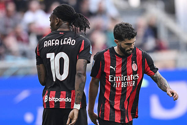Christian Pulisic of Milan and Rafael Leao of Milan disappointment during the Serie A match between AC Milan and Udinese Calcio at Giuseppe Meazza...