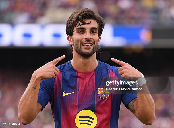 Ferran Torres of FC Barcelona celebrates scoring his team's second goal during the LaLiga EA Sports match between FC Barcelona and RCD Espanyol de...