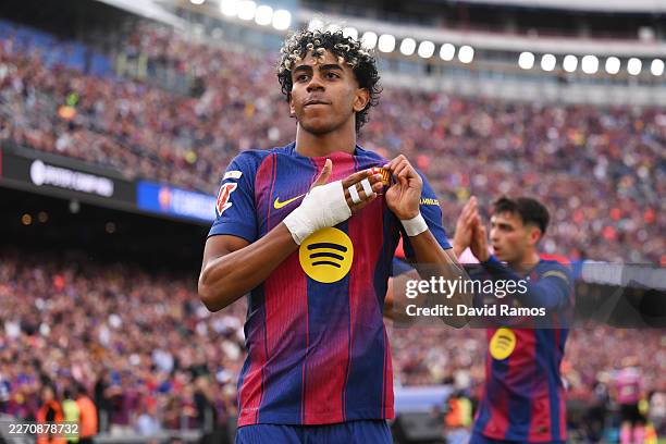 Lamine Yamal of FC Barcelona celebrates after Ferran Torres of FC Barcelona scored his team's second goal during the LaLiga EA Sports match between...
