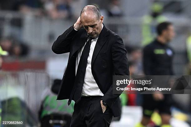 Massimiliano Allegri of Milan disappointment during the Serie A match between AC Milan and Udinese Calcio at Giuseppe Meazza Stadium on April 11,...