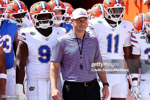 Head coach Jon Sumrall of the Florida Gators waits to take the field before the Orange and Blue Game at Ben Hill Griffin Stadium on April 11, 2026 in...
