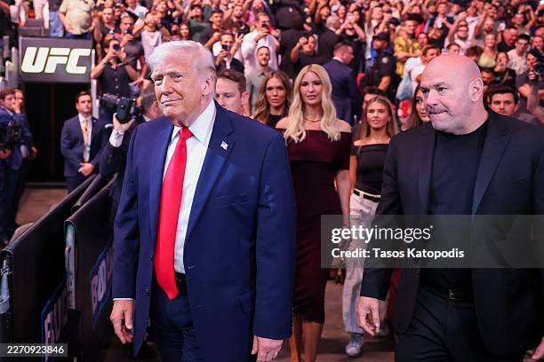 President Donald Trump, Ivanka Trump and Dana White attend UFC 327 at Kaseya Center on April 11, 2026 in Miami, Florida. The main event of UFC 327...