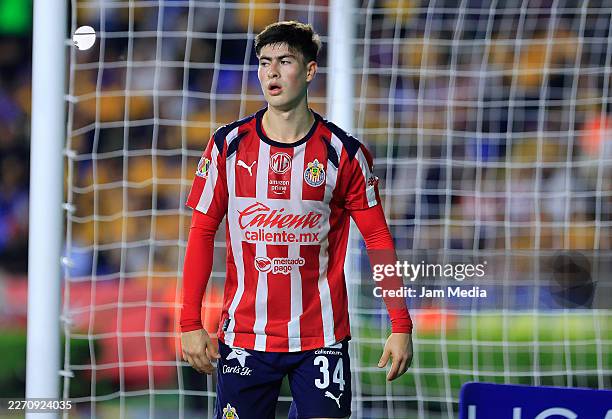 Armando Gonzalez of Chivas looks on during the 14th round match between Tigres UANL and Chivas as part of the Torneo Clausura 2026 Liga MX at...