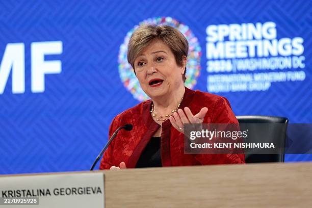 Managing Director Kristalina Georgieva speaks during a press briefing during the 2026 IMF and World Bank Group Spring Meetings in Washington, DC, on...