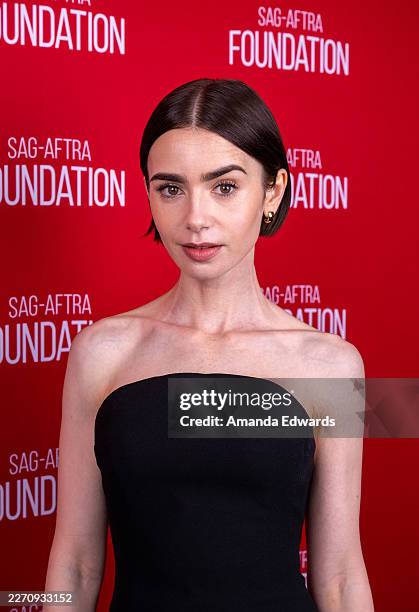 Actress Lily Collins attends the SAG-AFTRA Foundation Conversations Presents "Emily In Paris" event at The Meryl Streep Center for Performing Artists...