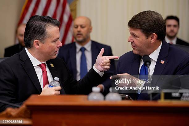 Ranking Member Rep. Brendan Boyle speaks with Chairman Rep. Jodey Arrington as White House Office of Management and Budget Director Russell Vought...