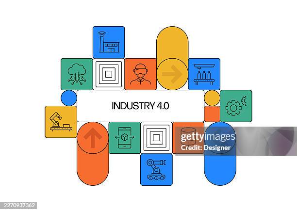industry 4.0 related vector illustration. technology, innovation, manufacturing, factory, automation, 5g, process, artificial intelligence - computer aided manufacturing stock illustrations