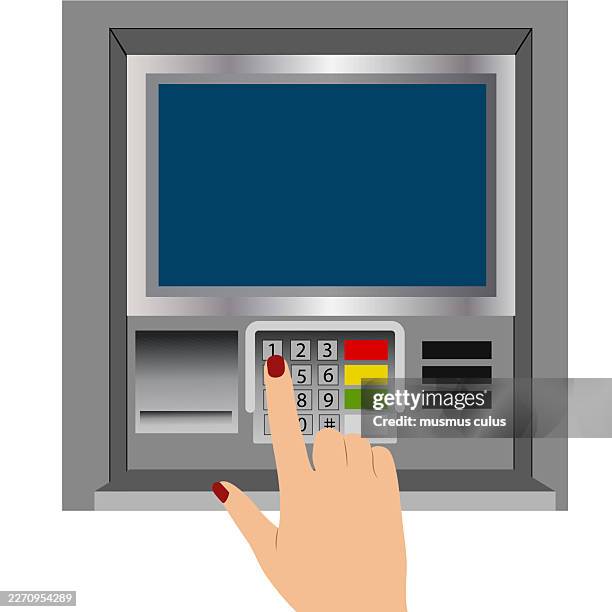 atm payment transaction with hand entering pin code vector illustration - automatic deposit stock illustrations